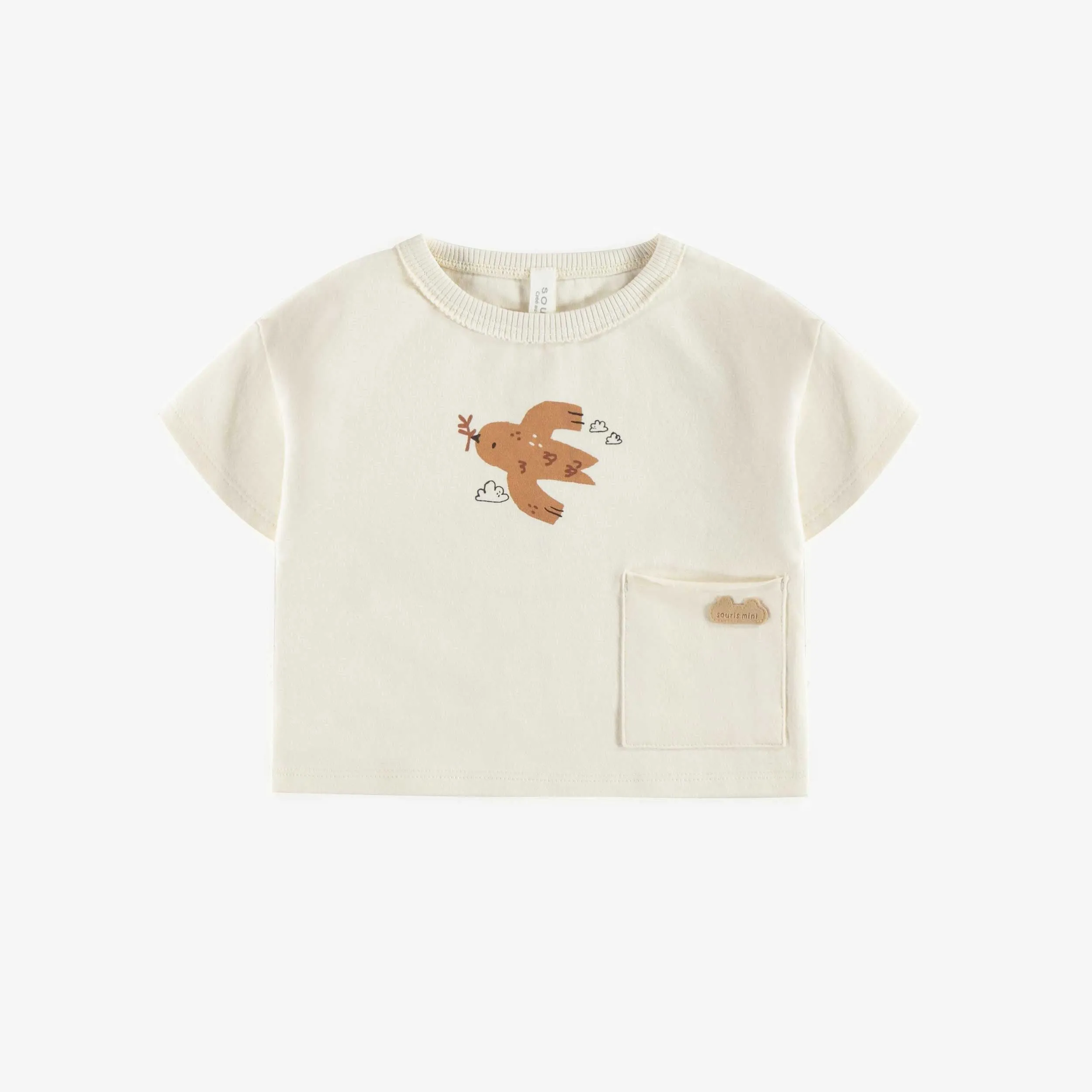 T-shirt crème à manches courtes en coton, naissance || Cream short-sleeved t-shirt in cotton, newborn