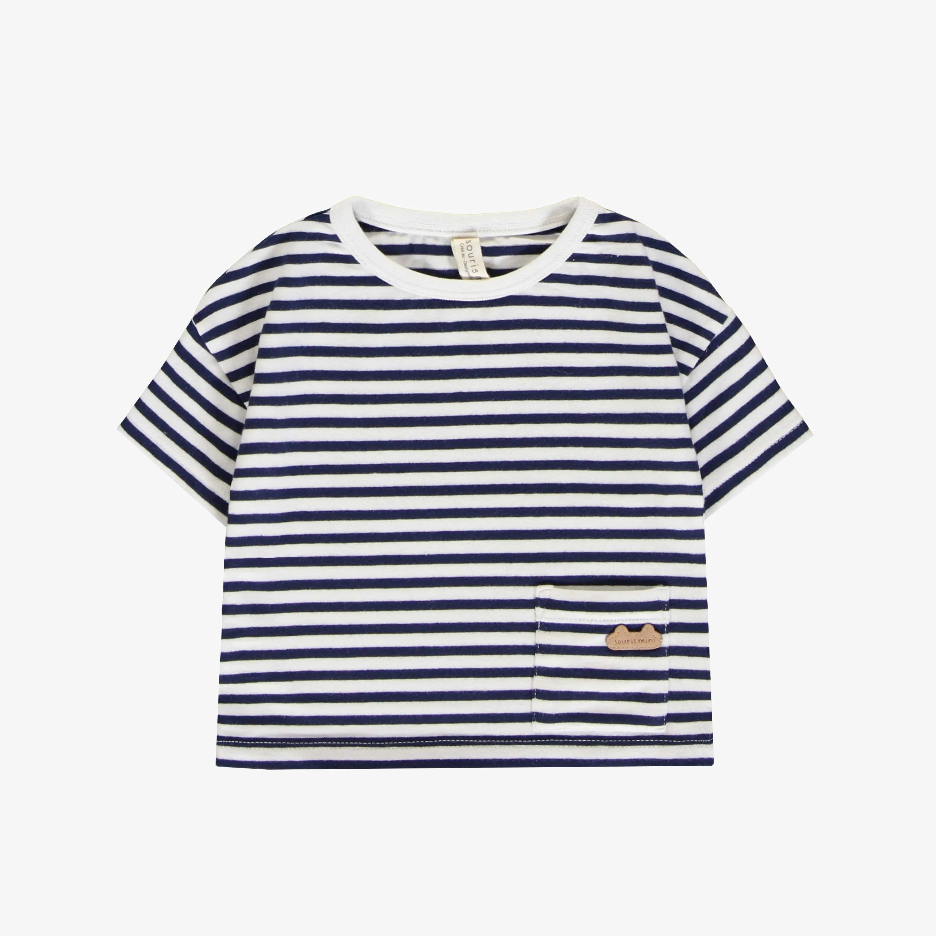 T-shirt à manches courtes marine et blanc à rayures en coton français, naissance || Navy and white striped short sleeves t-shirt in French terry, newborn