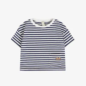 T-shirt à manches courtes marine et blanc à rayures en coton français, naissance || Navy and white striped short sleeves t-shirt in French terry, newborn