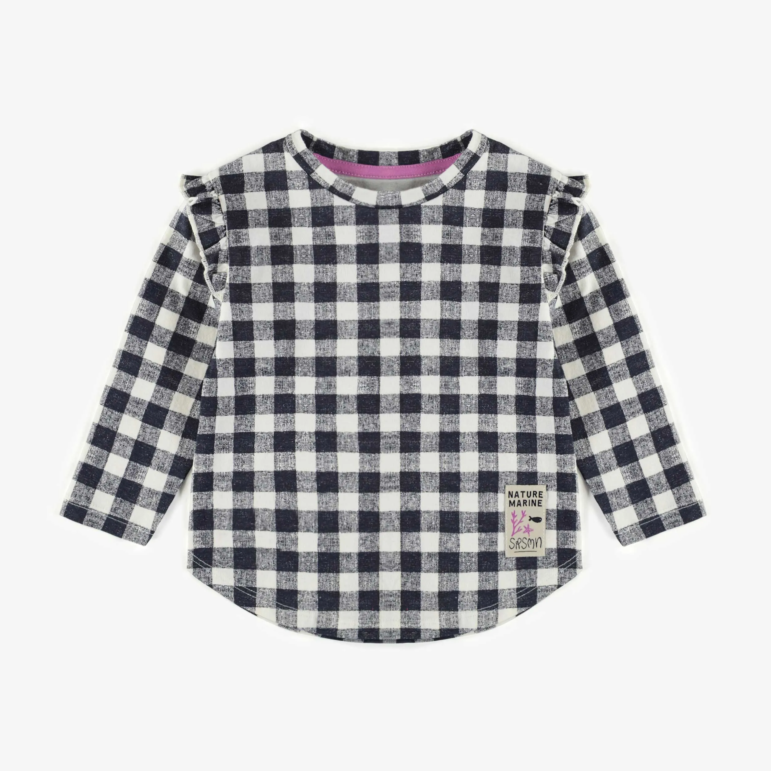 T-shirt marine et crème à carreaux avec manches longues en jersey, bébé || Plaid navy and cream t-shirt with long sleeves in jersey, baby
