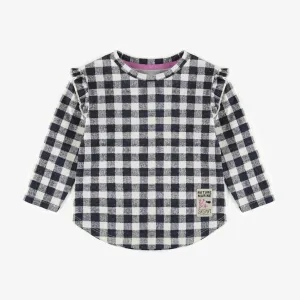 T-shirt marine et crème à carreaux avec manches longues en jersey, bébé || Plaid navy and cream t-shirt with long sleeves in jersey, baby