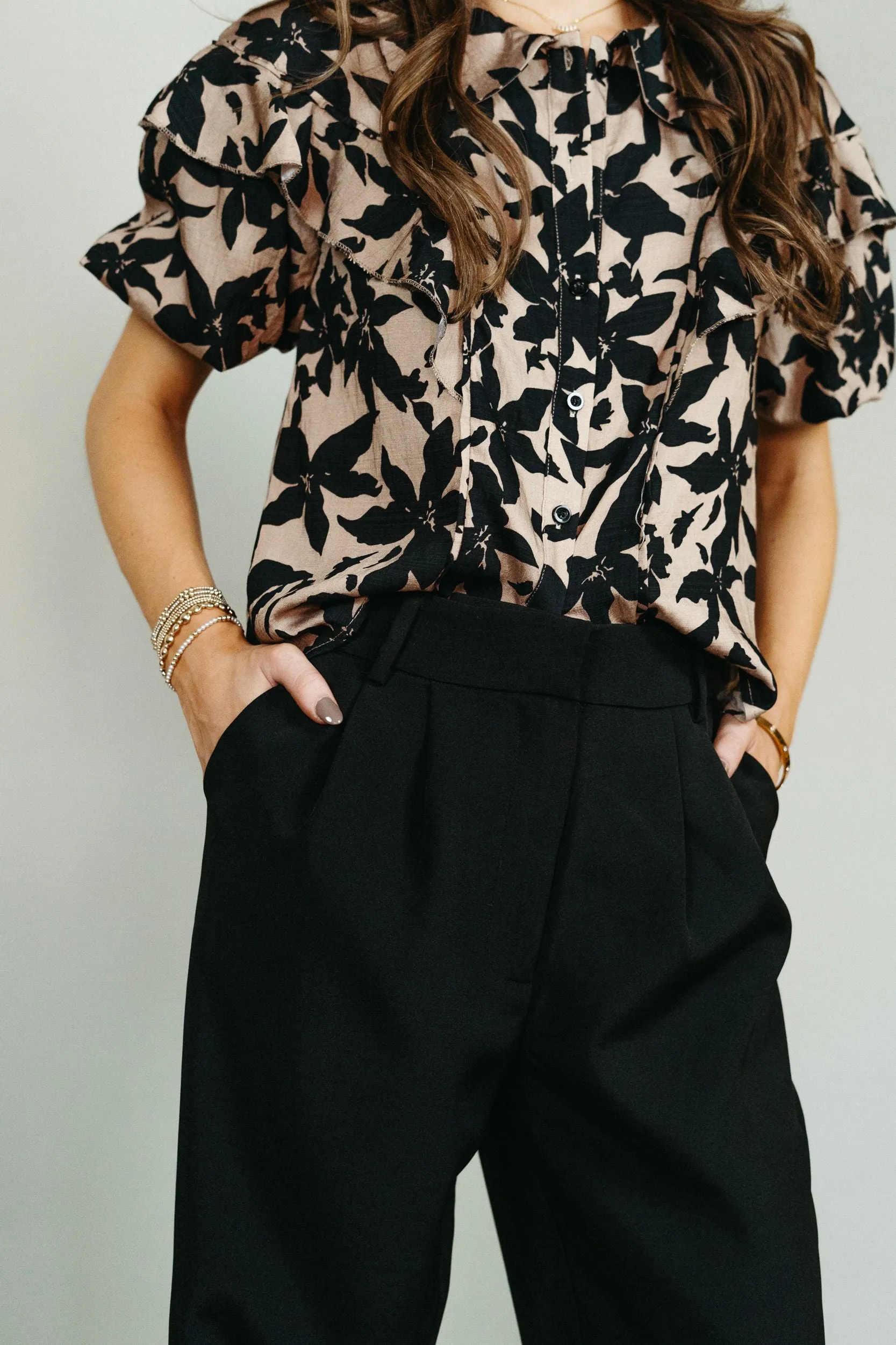 Taupe Floral Button Down Ruffle Blouse CT9014