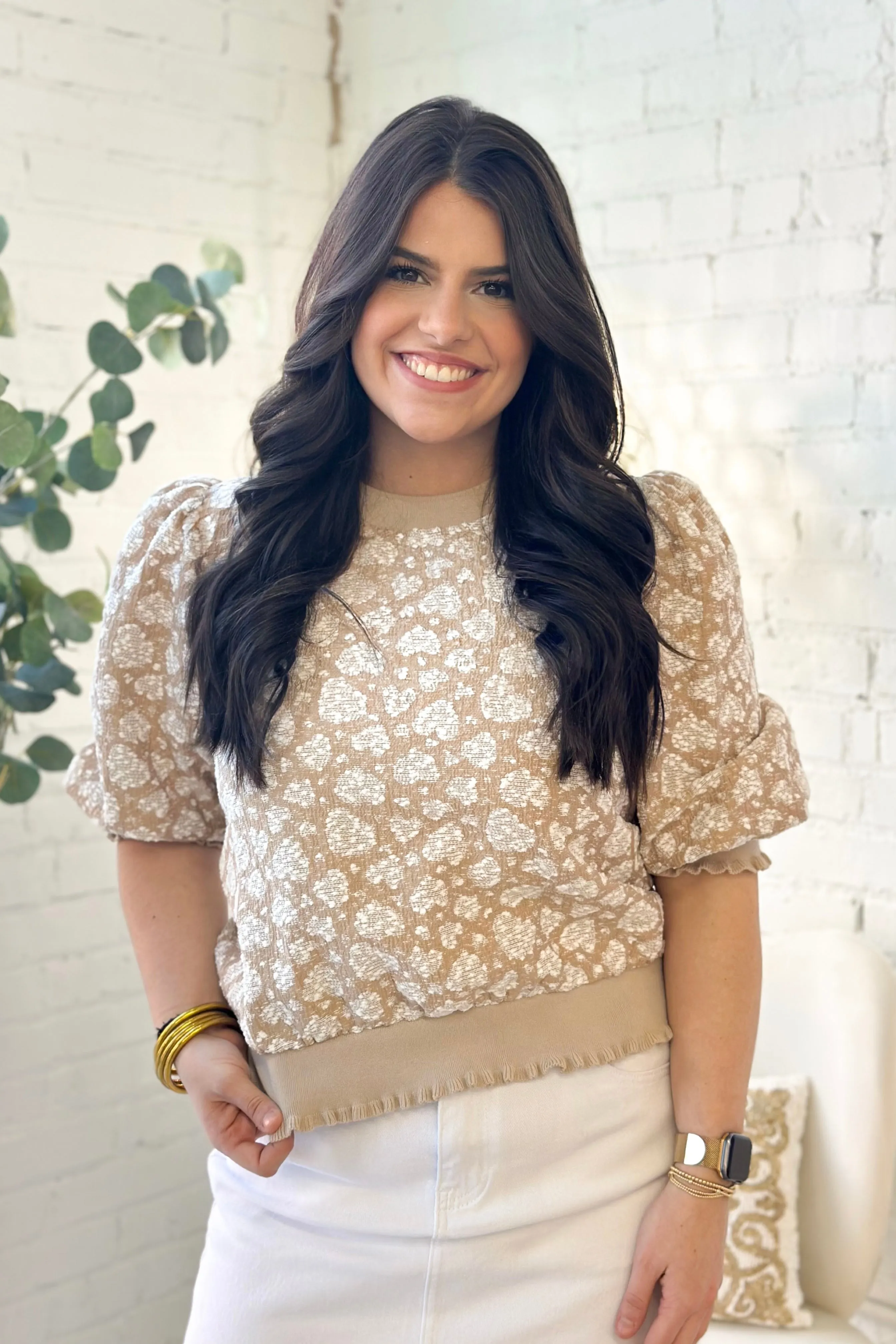 Taupe Textured Print Top