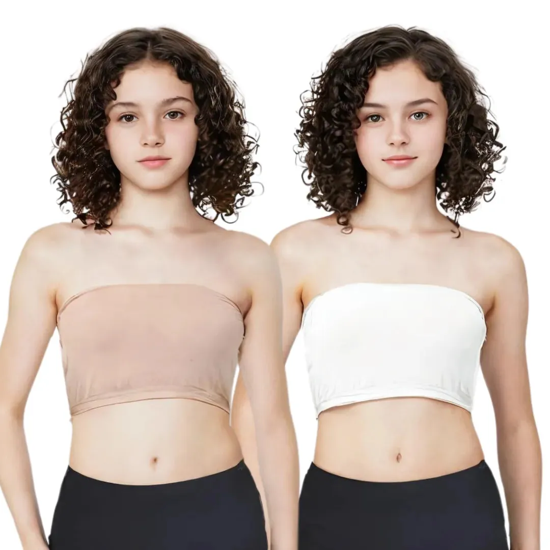 Teens Tube Top Bra | Slip On Style | 3 Layer Front Panel Conceals Nipples | Silicone Anti Slip Band Prevents Slipping | 2 Pack