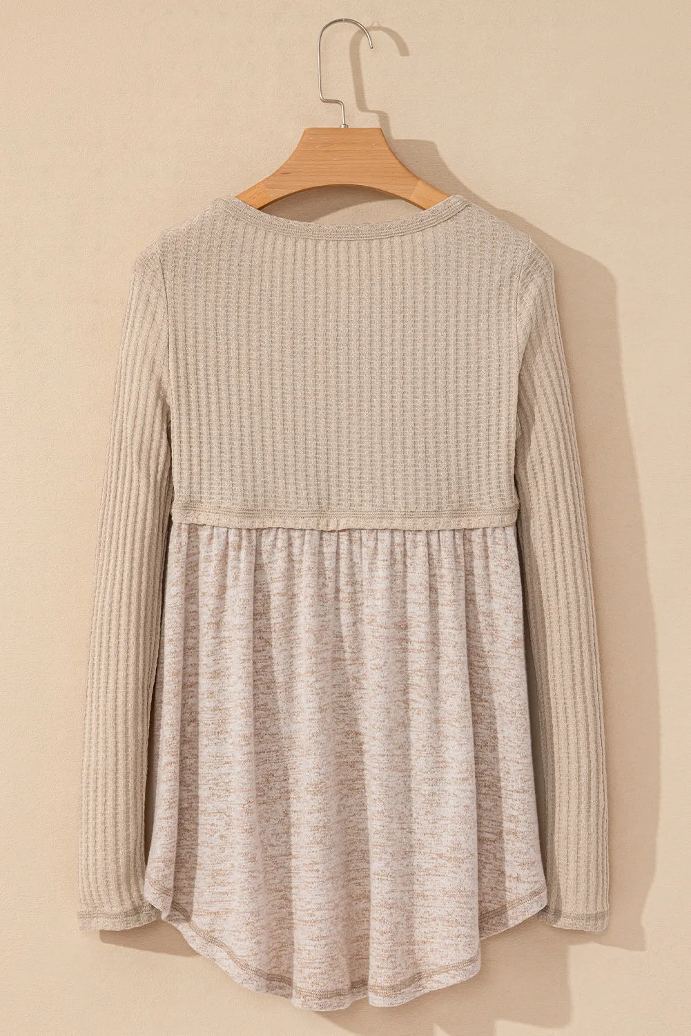 Textured Long Sleeve V Neck Babydoll Top