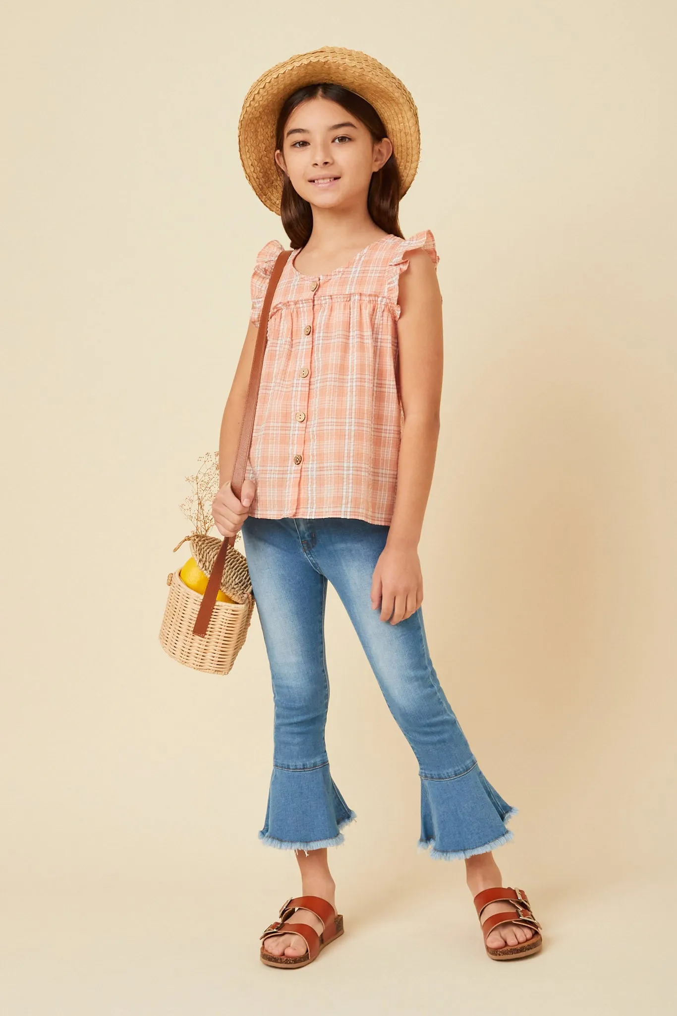 Textured Plaid Ruffled Button Up Tank