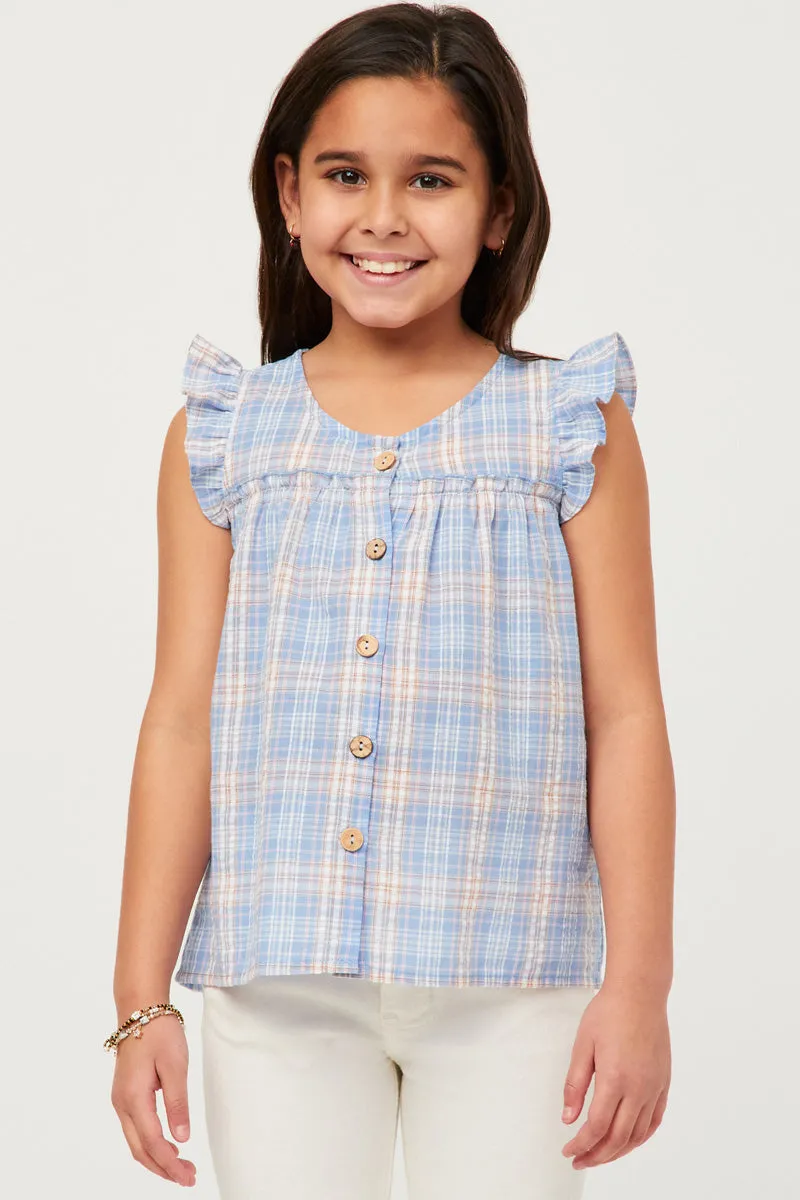 Textured Plaid Ruffled Button Up Tank