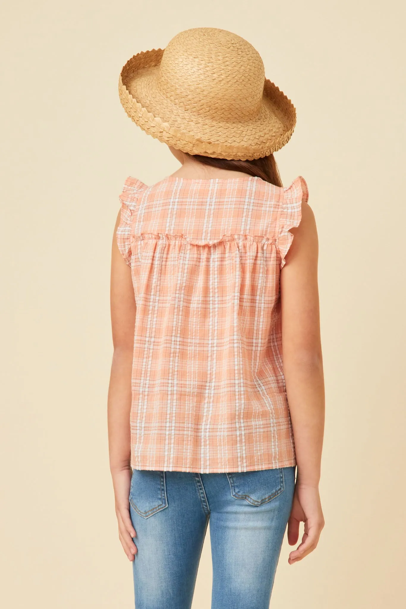 Textured Plaid Ruffled Button Up Tank