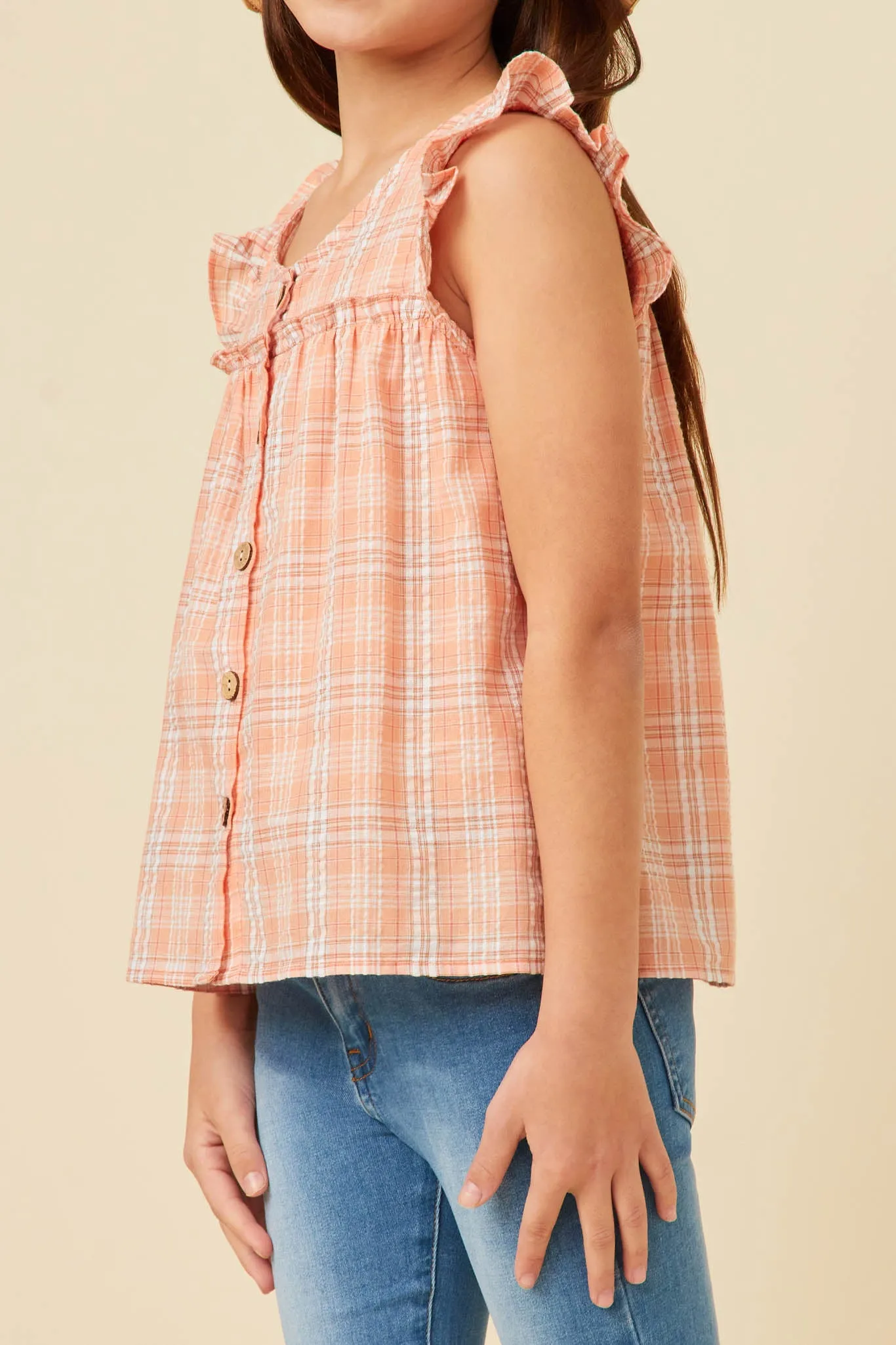 Textured Plaid Ruffled Button Up Tank