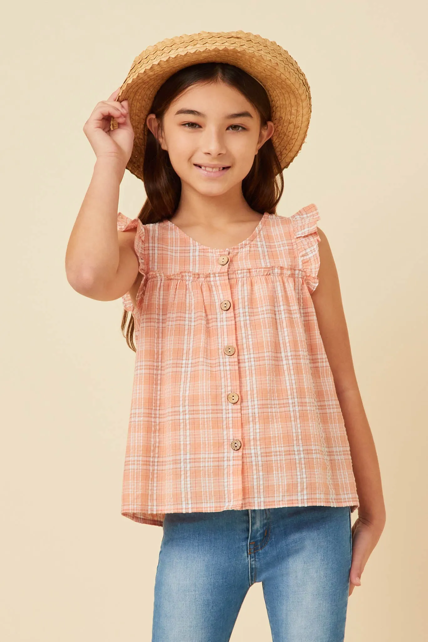 Textured Plaid Ruffled Button Up Tank