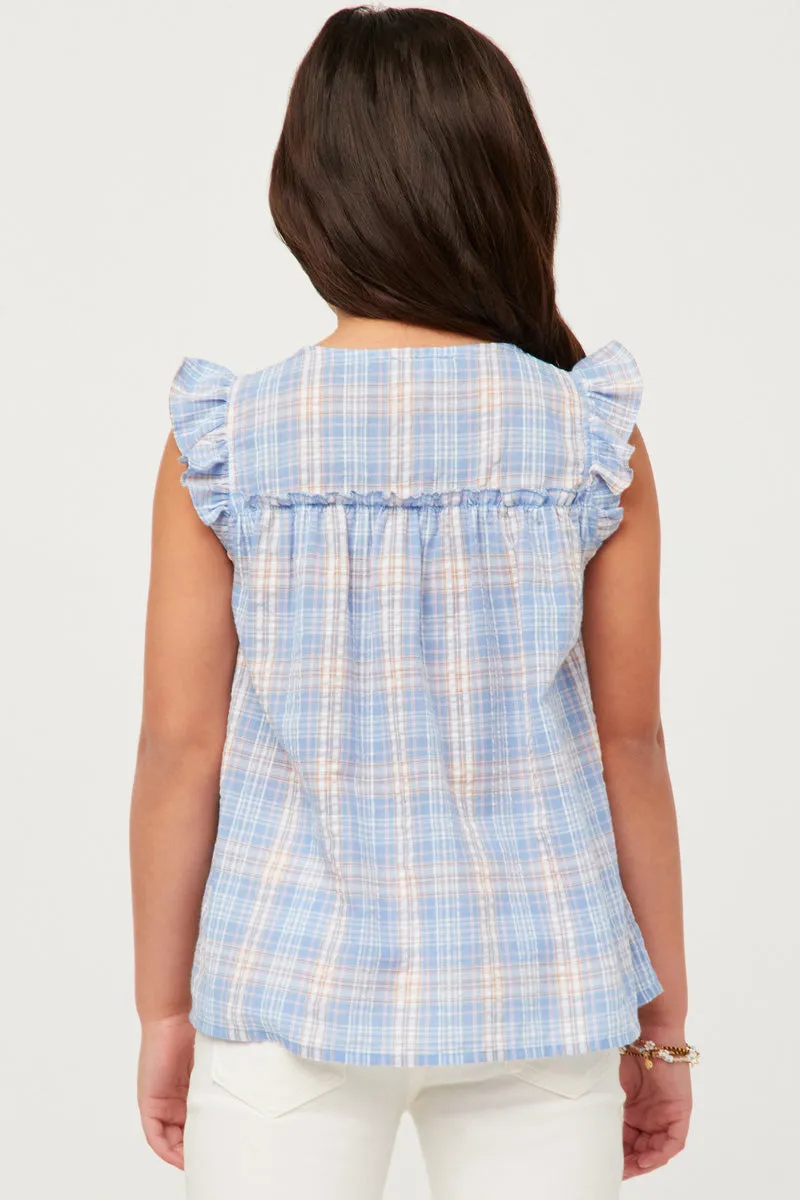 Textured Plaid Ruffled Button Up Tank