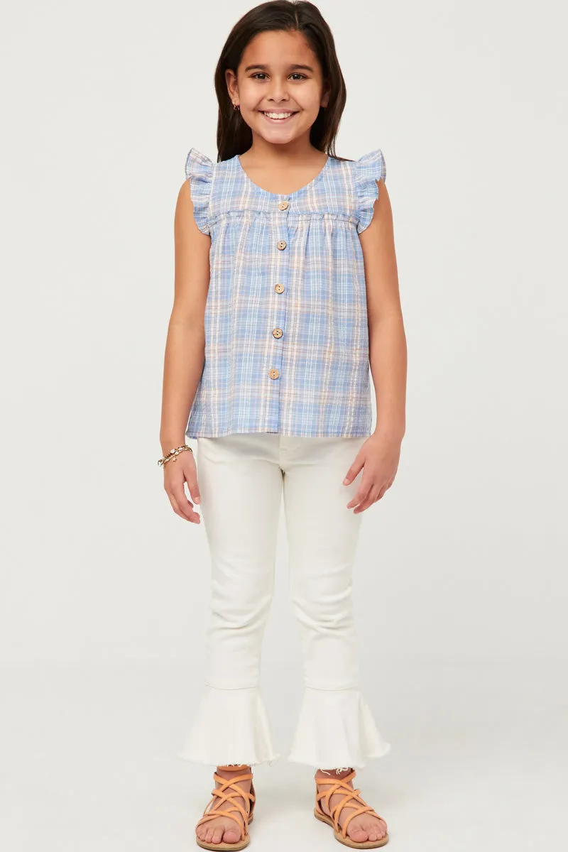 Textured Plaid Ruffled Button Up Tank