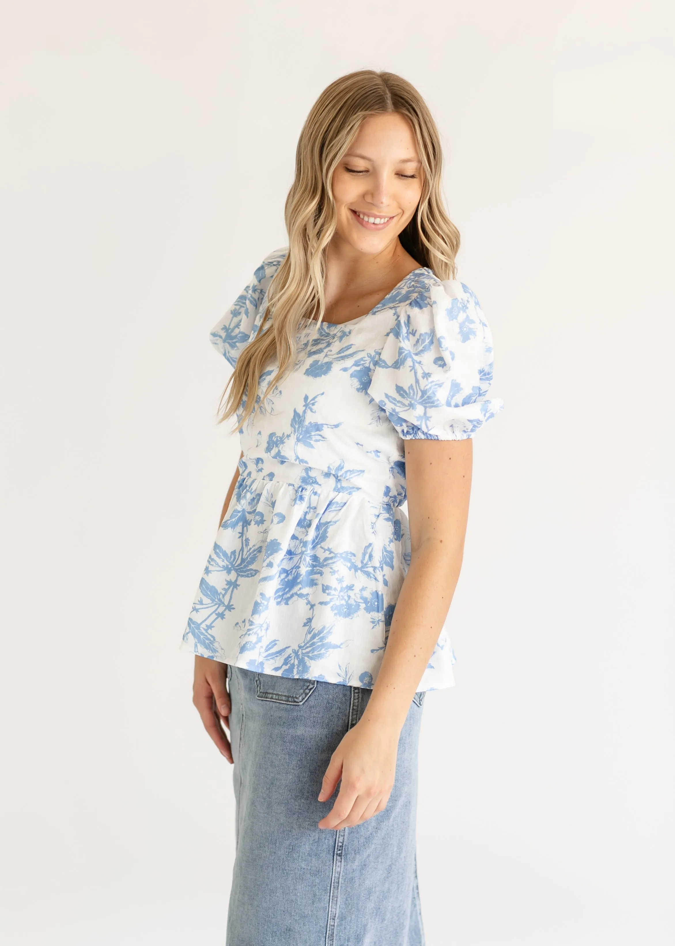 Textured Printed Woven Peplum Top - FINAL SALE