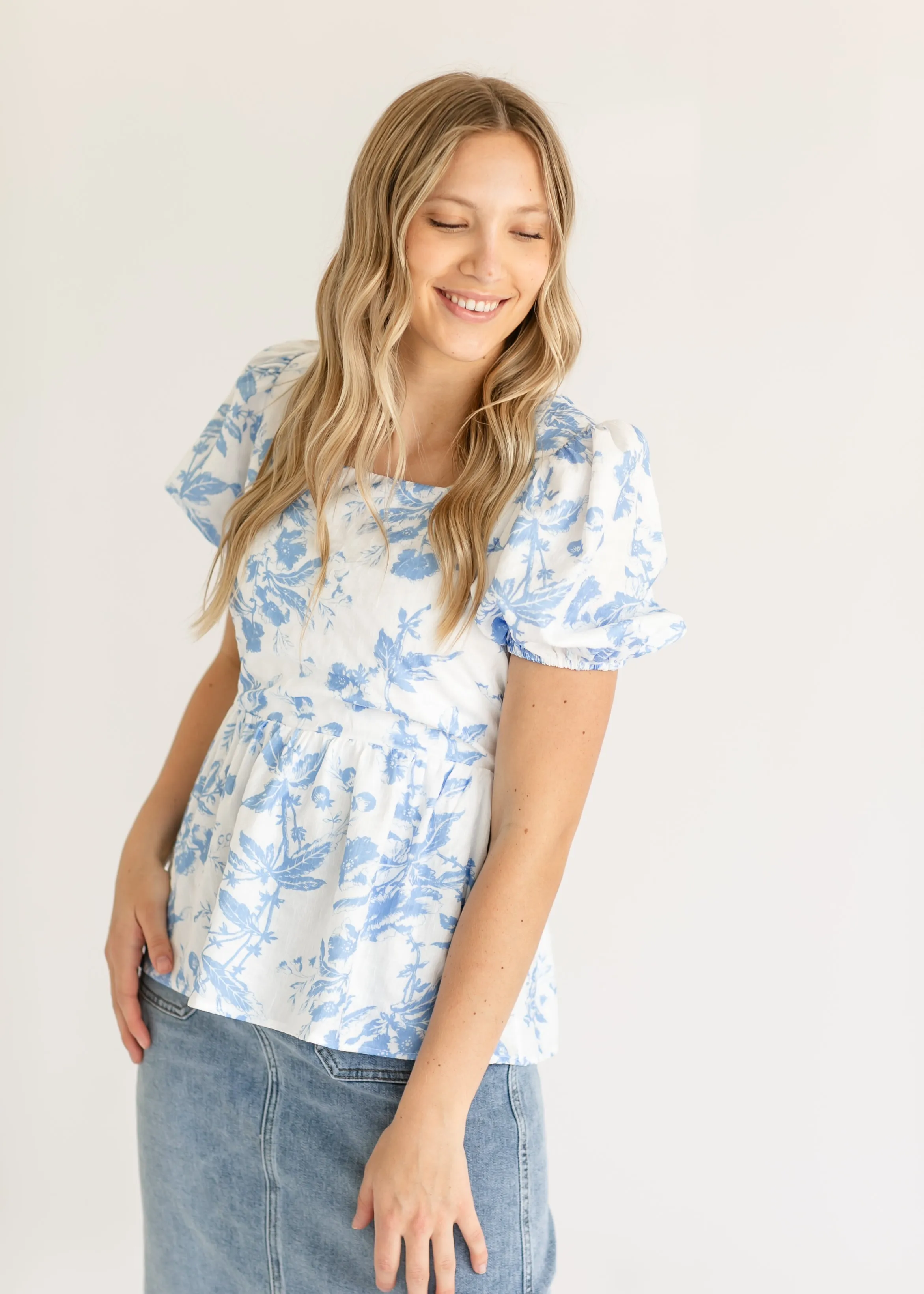 Textured Printed Woven Peplum Top - FINAL SALE