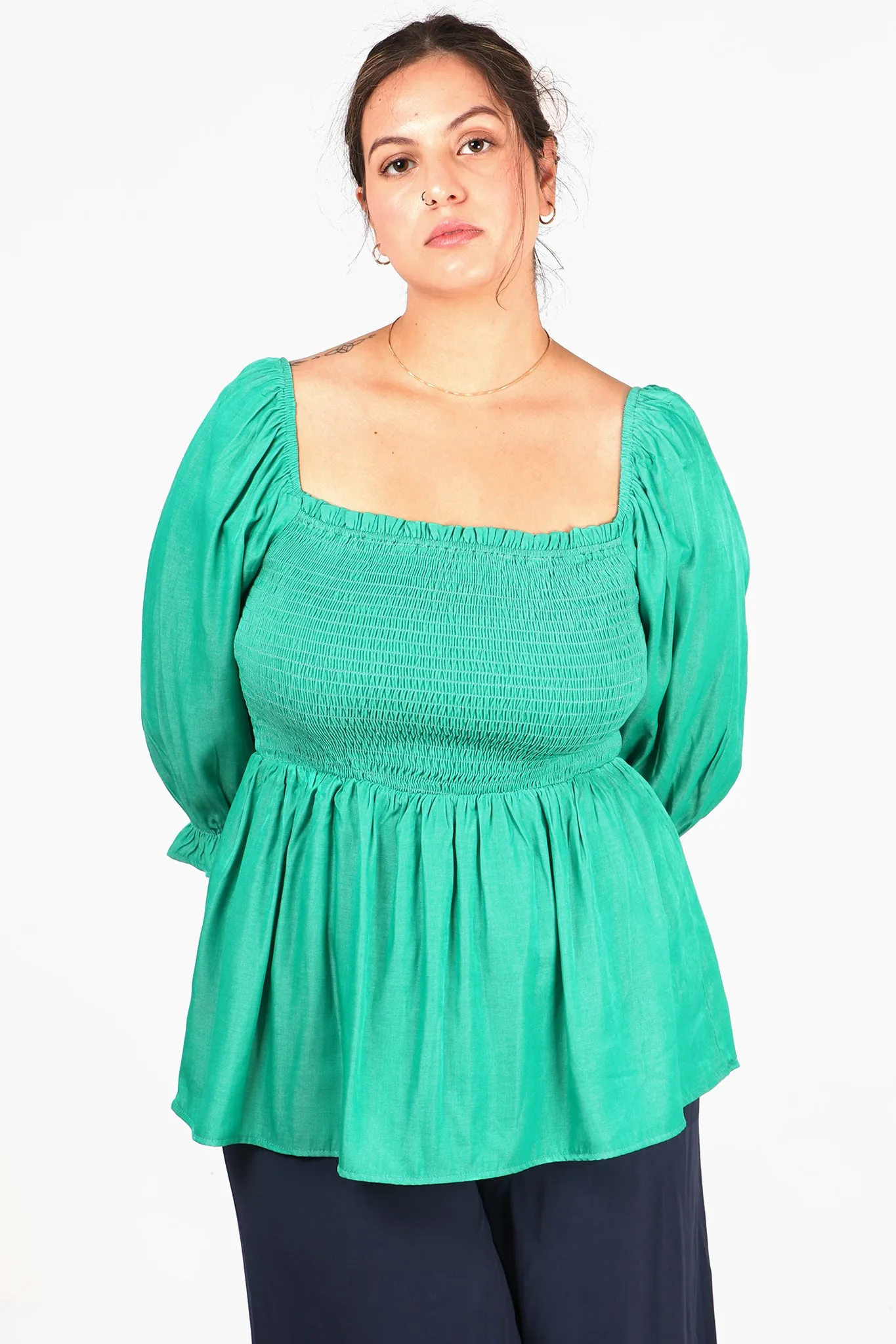 Textured Shirred Peplum Puff Sleeve Milkmaid Top in Green