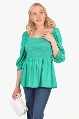 Textured Shirred Peplum Puff Sleeve Milkmaid Top in Green