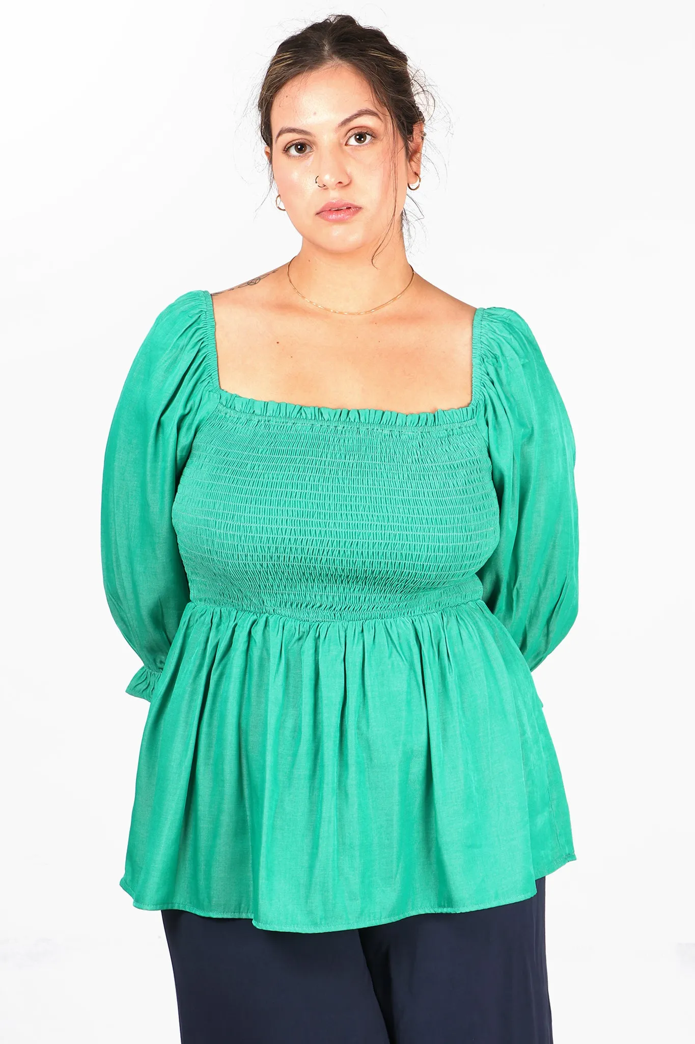 Textured Shirred Peplum Puff Sleeve Milkmaid Top in Green