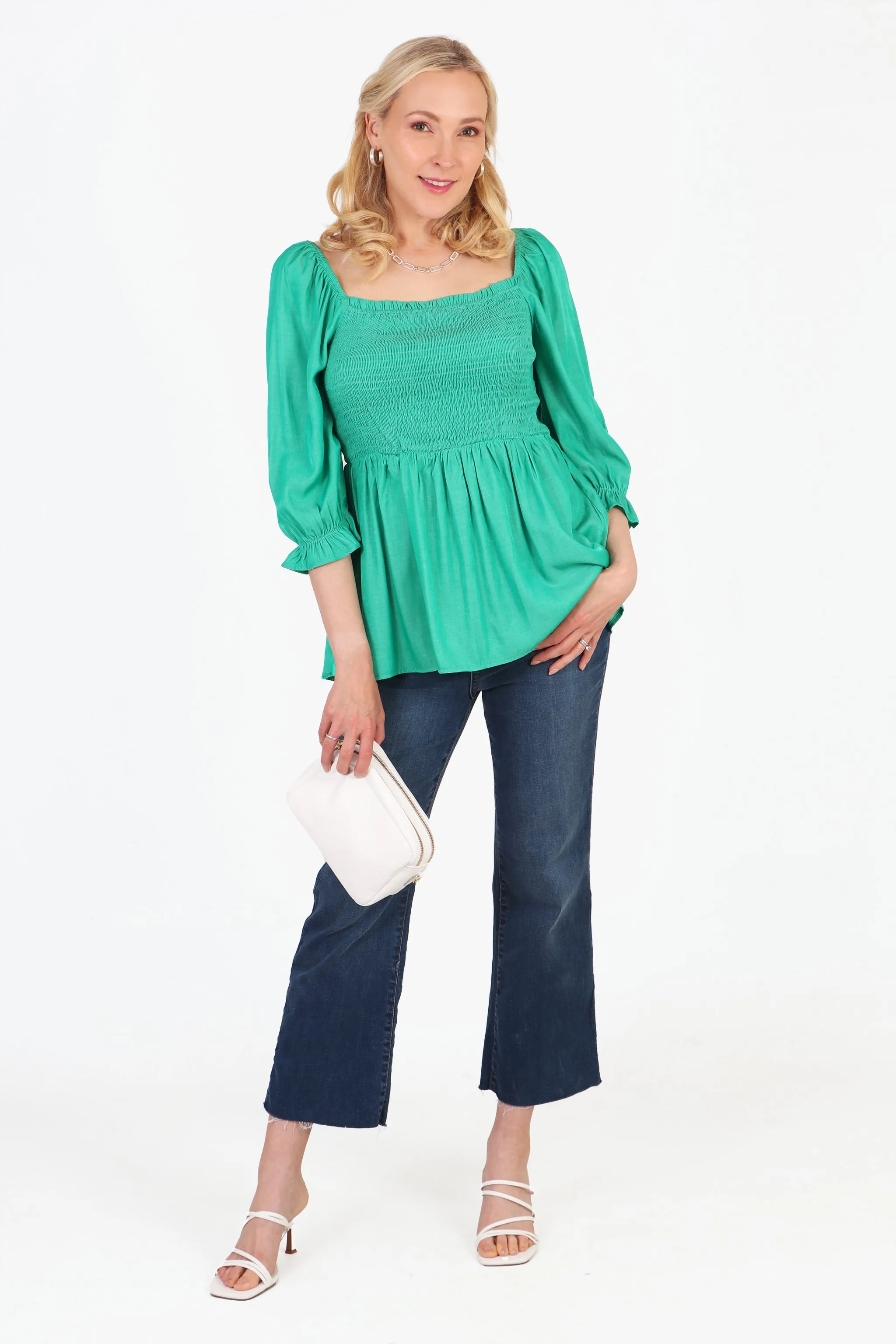 Textured Shirred Peplum Puff Sleeve Milkmaid Top in Green