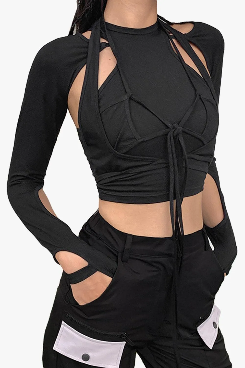 themeisles Chest Laced Black Workout Long Sleeve