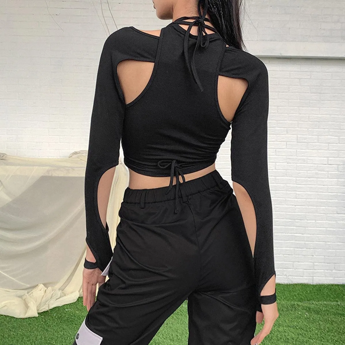 themeisles Chest Laced Black Workout Long Sleeve