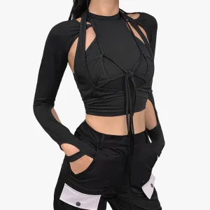 themeisles Chest Laced Black Workout Long Sleeve