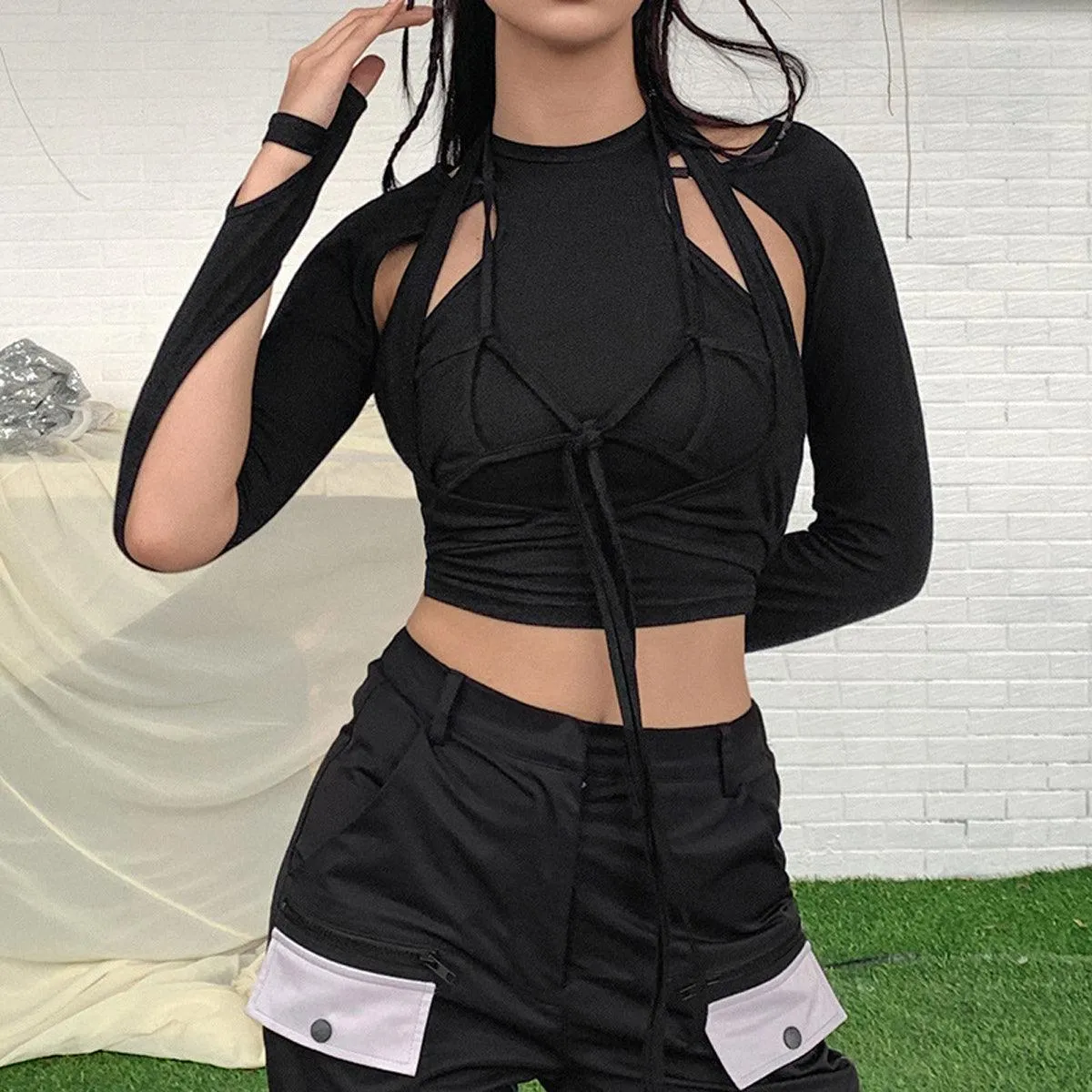 themeisles Chest Laced Black Workout Long Sleeve