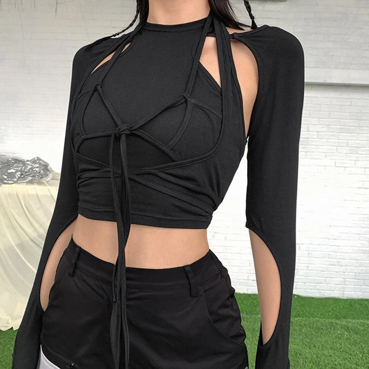 themeisles Chest Laced Black Workout Long Sleeve