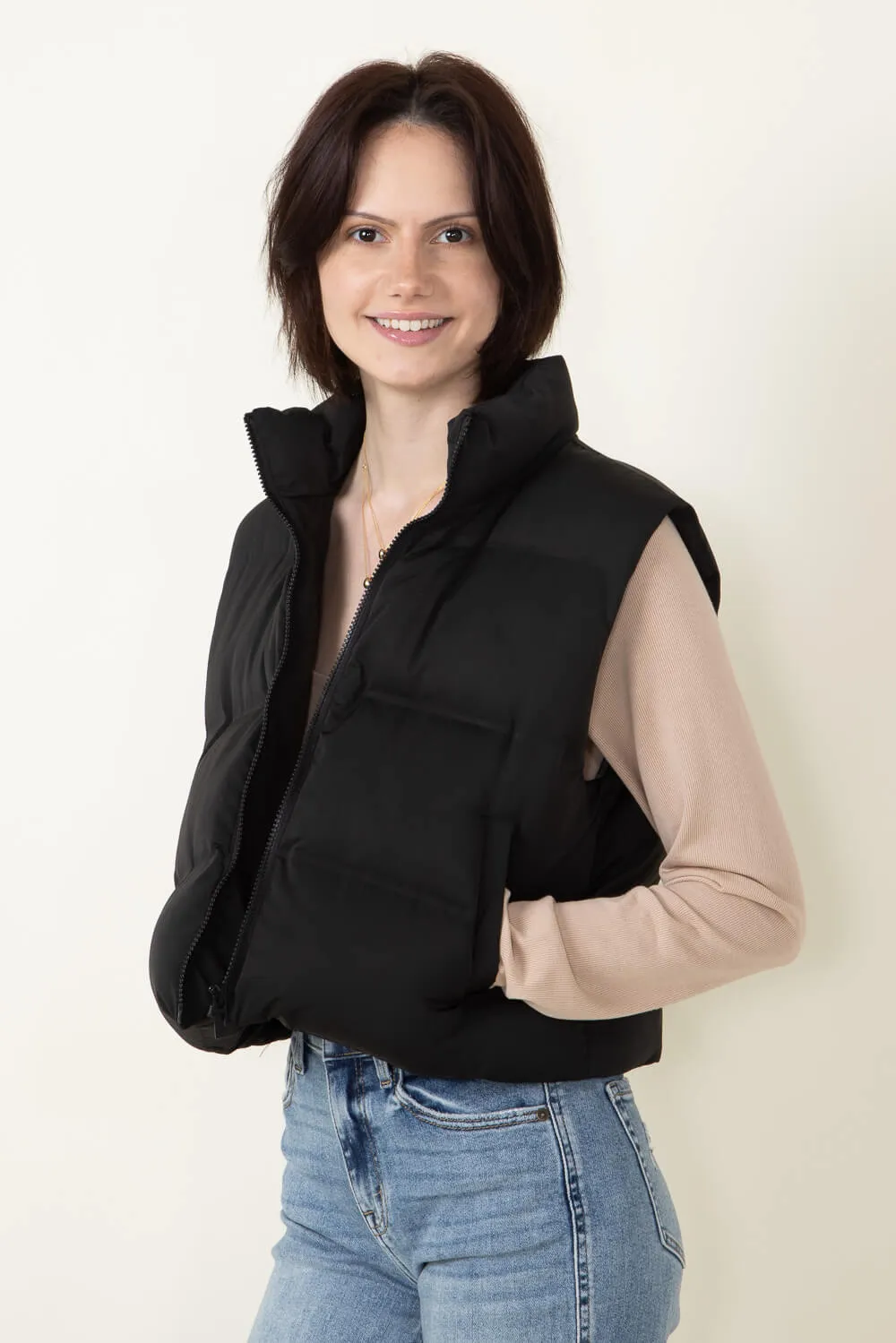 Thread & Supply Issey Cropped Puffer Vest for Women in Black | J2691PPGGK-BLACK