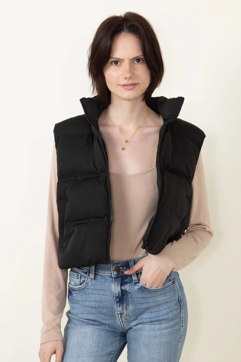 Thread & Supply Issey Cropped Puffer Vest for Women in Black | J2691PPGGK-BLACK