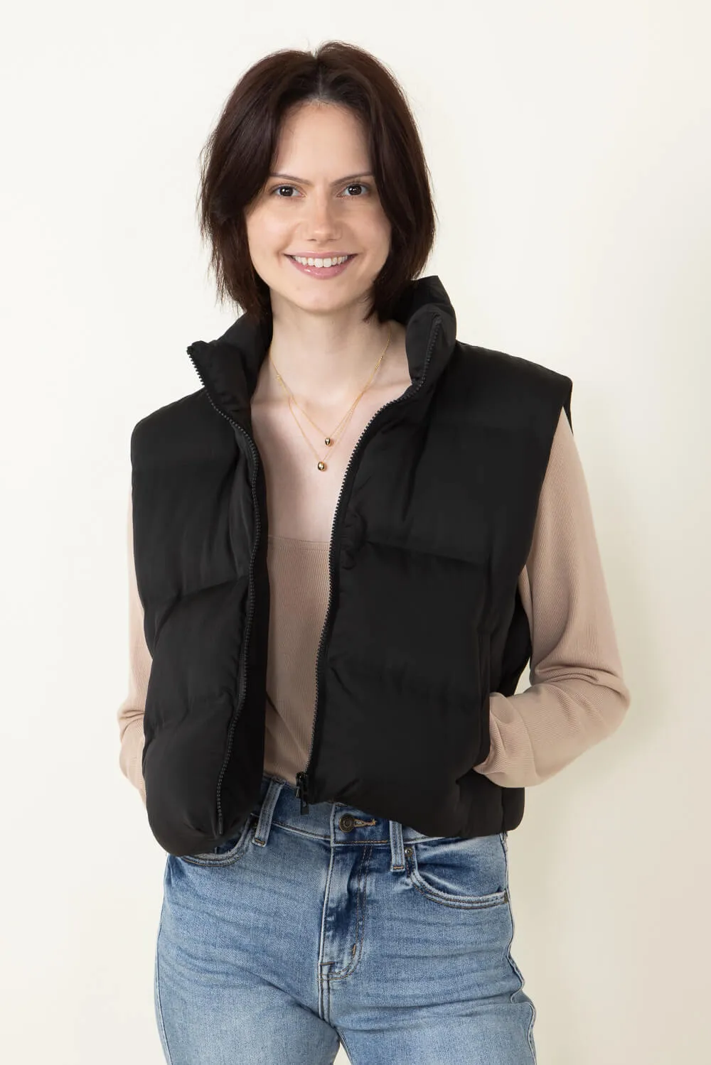 Thread & Supply Issey Cropped Puffer Vest for Women in Black | J2691PPGGK-BLACK
