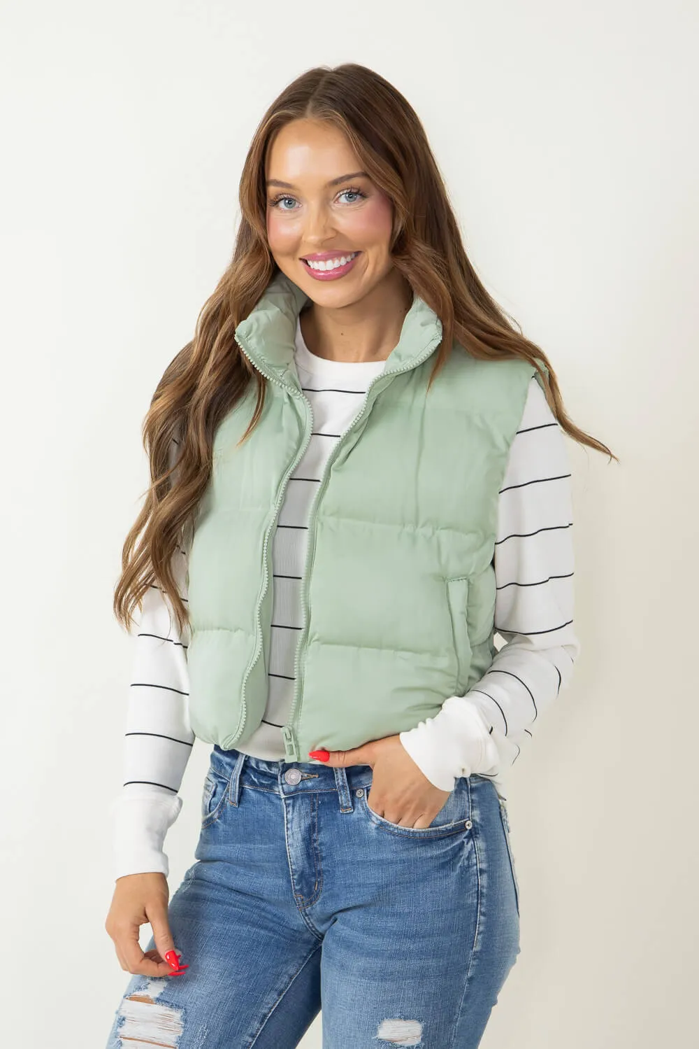 Thread & Supply Issey Cropped Puffer Vest for Women in Sage Green | J2691PPGTS-SAGE