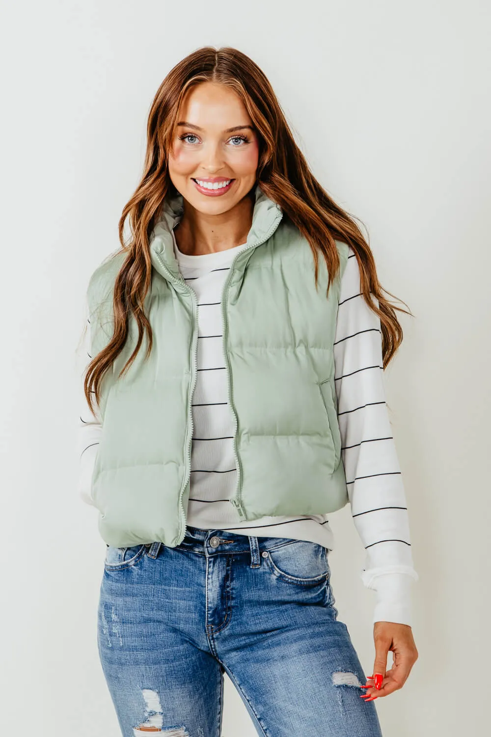 Thread & Supply Issey Cropped Puffer Vest for Women in Sage Green | J2691PPGTS-SAGE