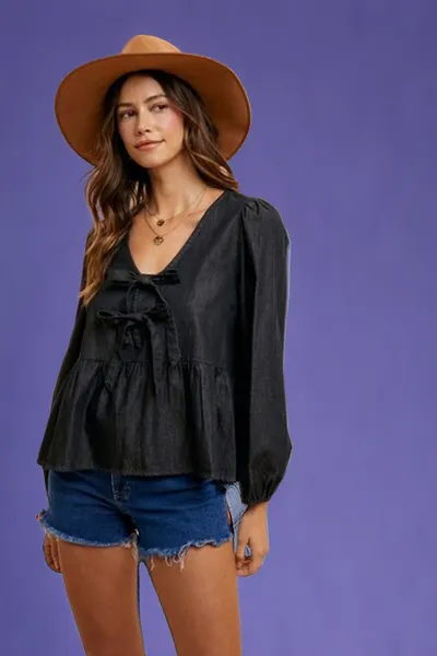 Tie Front Peplum Long Sleeve Denim Top