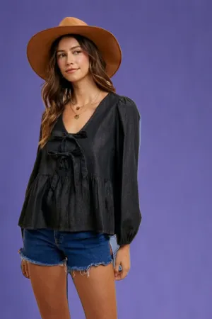 Tie Front Peplum Long Sleeve Denim Top