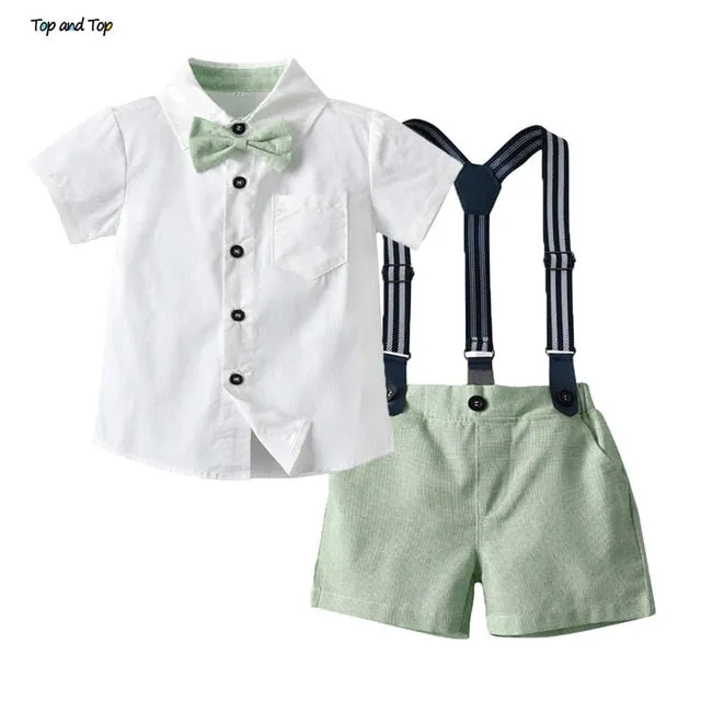 Top and Top Fashion Kids Summer Casual Outfits Short Sleeve Bowtie Shirt Overalls Gentleman Clothes Little Boys Clothing Set