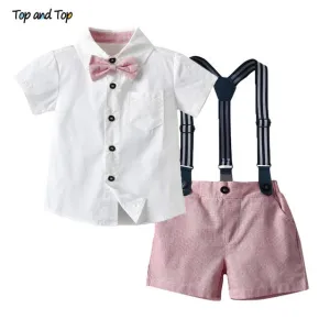 Top and Top Fashion Kids Summer Casual Outfits Short Sleeve Bowtie Shirt Overalls Gentleman Clothes Little Boys Clothing Set