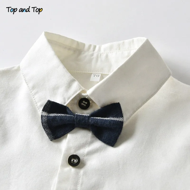 Top and Top Fashion Kids Summer Casual Outfits Short Sleeve Bowtie Shirt Overalls Gentleman Clothes Little Boys Clothing Set