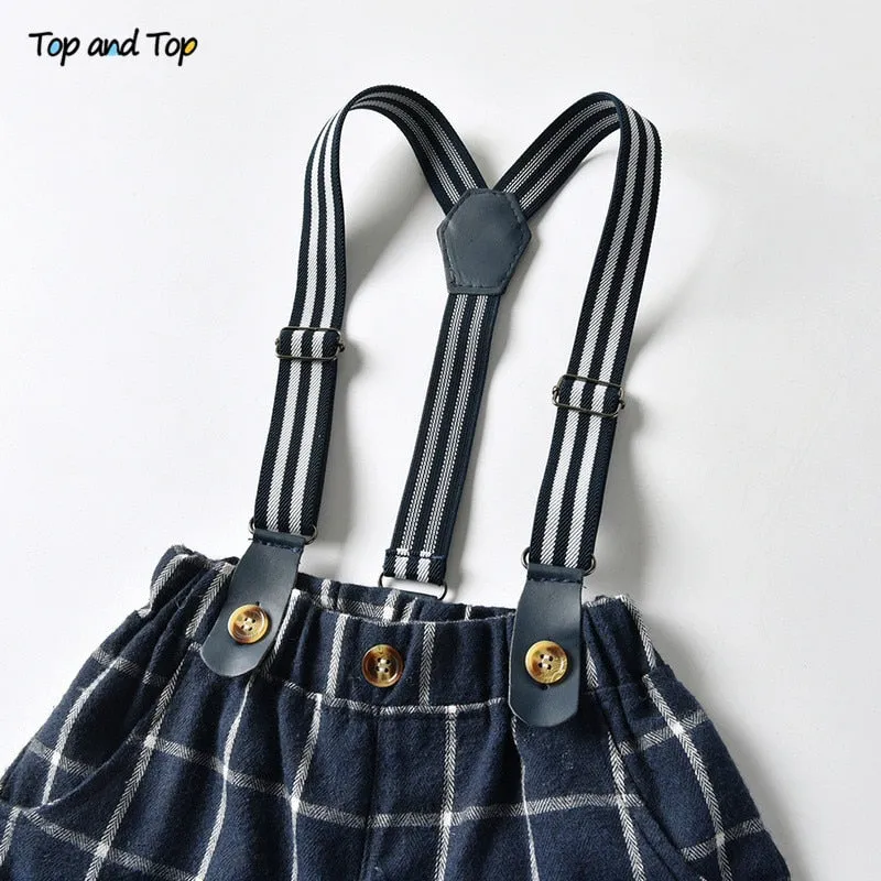 Top and Top Fashion Kids Summer Casual Outfits Short Sleeve Bowtie Shirt Overalls Gentleman Clothes Little Boys Clothing Set