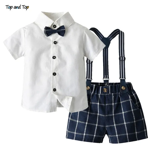 Top and Top Fashion Kids Summer Casual Outfits Short Sleeve Bowtie Shirt Overalls Gentleman Clothes Little Boys Clothing Set