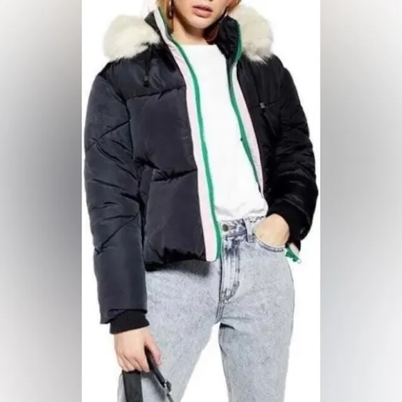 Topshop Navy Faux Fur Hooded Puffer Jacket - Navy Blue size 2 JJ