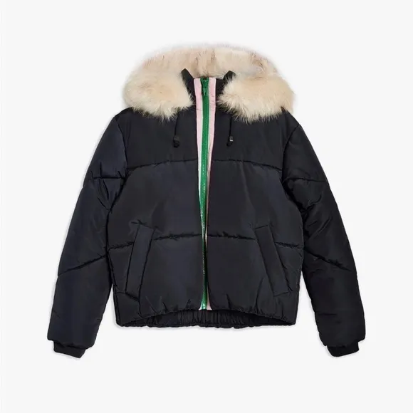 Topshop Navy Faux Fur Hooded Puffer Jacket - Navy Blue size 2 JJ