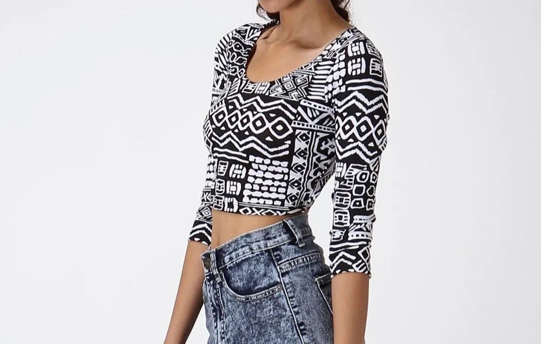 Tribal Print Criss Cross Back Crop Top