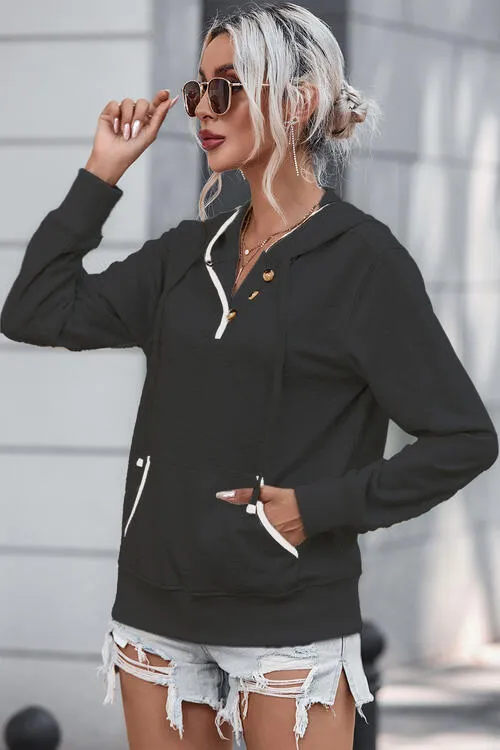 Trina Half Button Drawstring Long Sleeve Hoodie