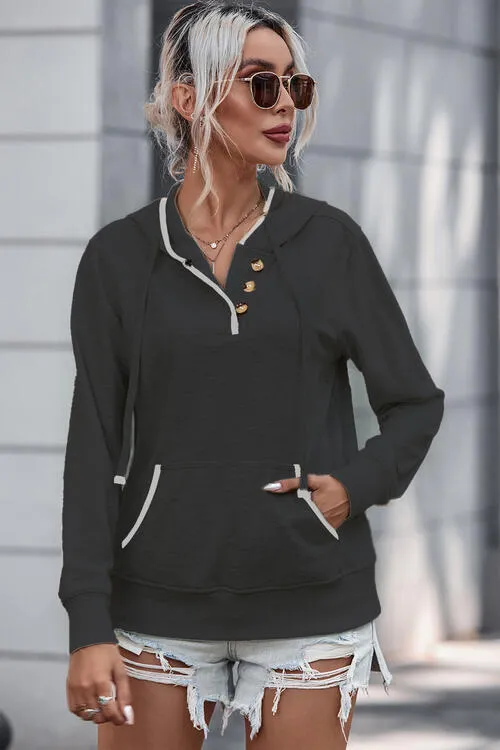 Trina Half Button Drawstring Long Sleeve Hoodie
