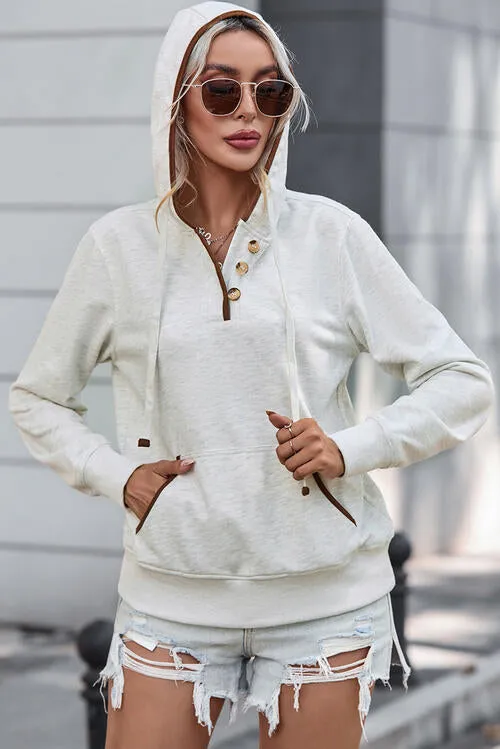 Trina Half Button Drawstring Long Sleeve Hoodie