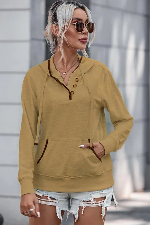 Trina Half Button Drawstring Long Sleeve Hoodie