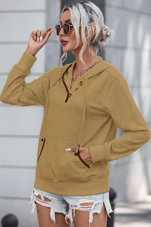 Trina Half Button Drawstring Long Sleeve Hoodie