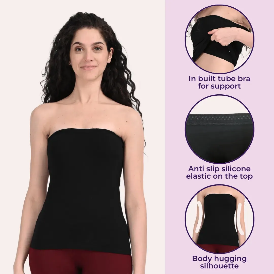 Tube Tank For Women | Off-Shoulder Design | Built-In Tube Bra | Anti-Slip Silicone Elastic | Body-Hugging Fit | Full Coverage | Soft Cotton Blend