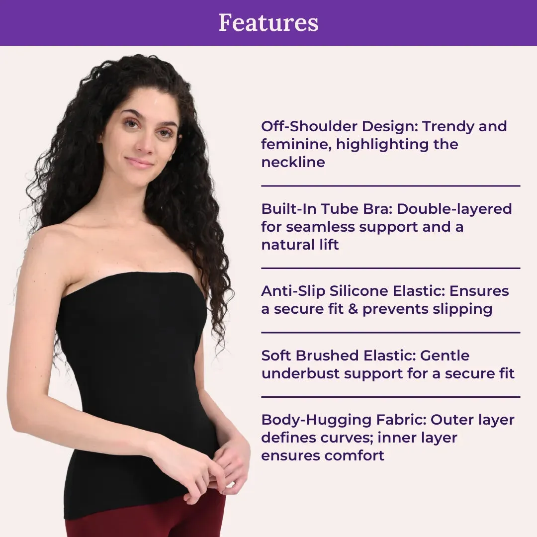 Tube Tank For Women | Off-Shoulder Design | Built-In Tube Bra | Anti-Slip Silicone Elastic | Body-Hugging Fit | Full Coverage | Soft Cotton Blend