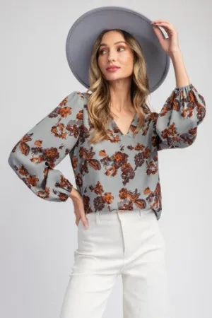 Turkish Blue Floral Long Sleeve Blouse